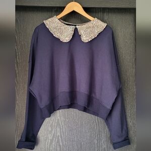 Peter Pan Navy Sweater with Floral Collar